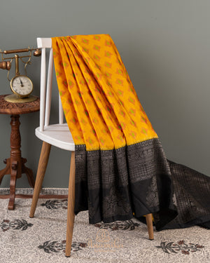 Kanchipuram soft silk saree with Ikkat pattern in yellow/black