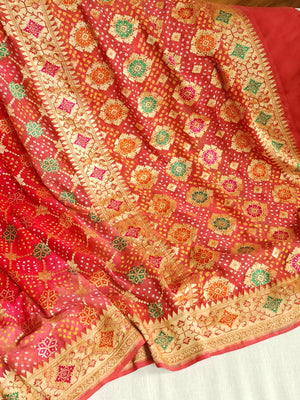 Red & Peach shaded Bandini Georgette saree