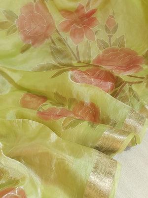 Pure tissue saree with hand painted floral appliq work