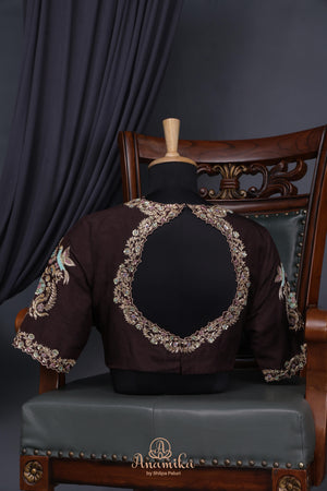 Brown chanderi silk saree with hand painted kalamkari border