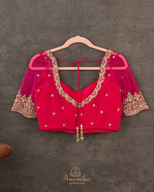 Hot Pink blouse with intricate embroidery and net sleeves