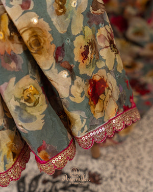Grey Floral Chinnon saree with a contrast handwork blouse