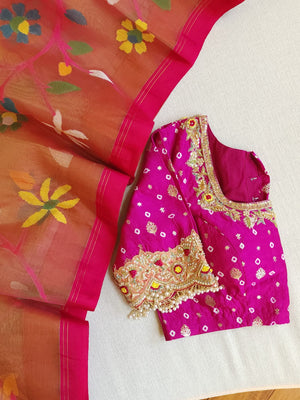Peach Jamdaani saree with a beautiful bandini blouse