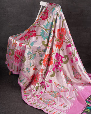 Baby Pink Tusser georgette saree with all over paithani weave