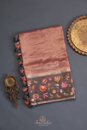 Banarasi tissue saree in luxurious rose gold shade