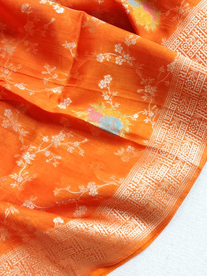 Deep Orange Munga silk saree with contrast off white puff sleeves blouse