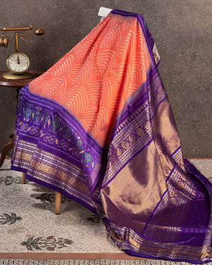 Peach & Purple Twill Silk Saree with patola and kanchi border