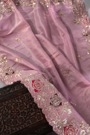 Elegant Satin Organza saree in lilac with intricate embroidery