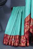 Sky Blue and red kanjeevaram with floral applique border