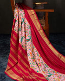 Mysore crepe silk saree in a lovely color combo of peach and crimson red