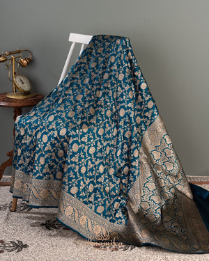 Dark Blue Banarasi Silk Saree with contrast maroon red blouse