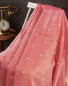 Blush peach Banarasi kora silk saree with pearl work blouse