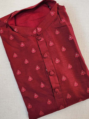 Maroon chanderi silk kurta with small thread work buttas