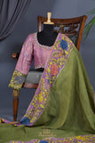 Parrot Green falling silk with hand painted kalamkari border