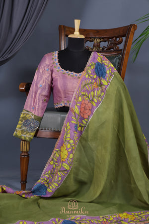 Parrot Green falling silk with hand painted kalamkari border