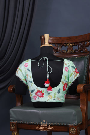Mint Green Crepe Floral saree with hand worked border