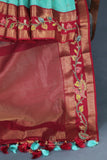 Sky Blue and red kanjeevaram with floral applique border
