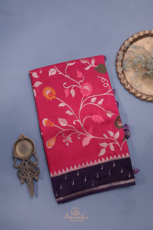 A beautiful floral Tusser Georgette - Tomato Red/Pink