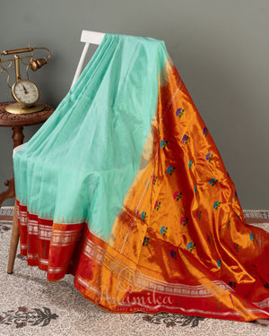 Ice Blue Gadwal Saree with contrast paithani border and pallu