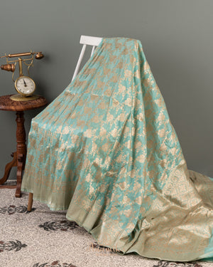 Pastel Blue banarasi silk saree with contrast off white work blouse