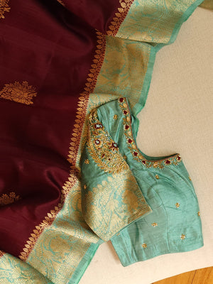 Banarasi Dupion silk saree in a lovely shade of burgundy and sea green