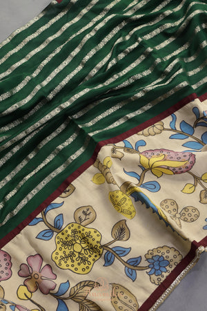 Emerald Green chanderi saree with hand painted kalamkari border