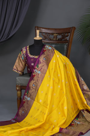 Yellow and Purple Gadwal Saree