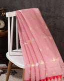 Pink Banarasi kora with a beautiful contrast red meenakari floral border
