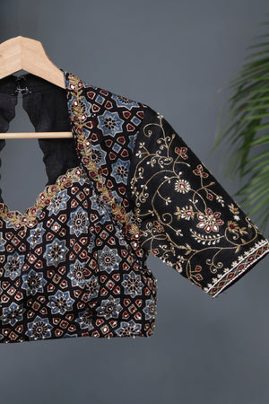 Black Ajrak blouse with intricately designed handwork