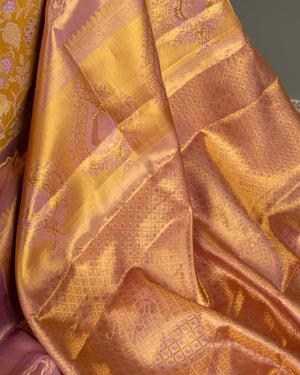 Lovely pastel yellow and lavender kanjeevaram saree