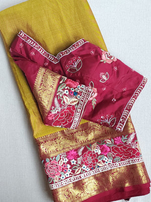 Mustard kanjeevaram saree in mustard with thread work border
