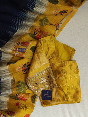Light weight dupion saree in blue with contrast yellow kalamkari border
