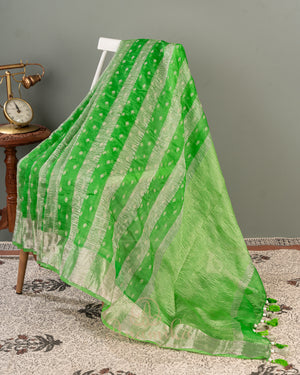 Parrot Green Crush Tissue saree with a stunning net sleeves blouse