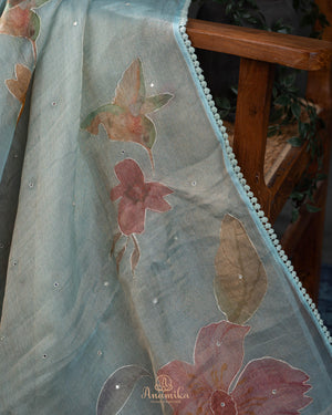 Tissue organza saree with hand painted floral appliq work