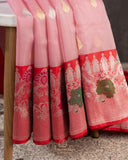 Pink Banarasi kora with a beautiful contrast red meenakari floral border