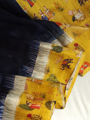 Light weight dupion saree in blue with contrast yellow kalamkari border