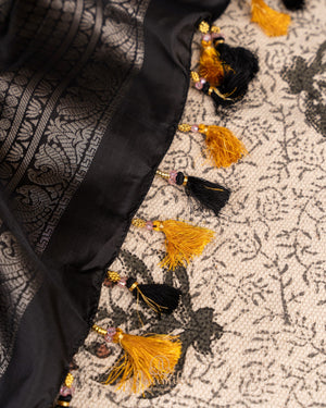 Kanchipuram soft silk saree with Ikkat pattern in yellow/black