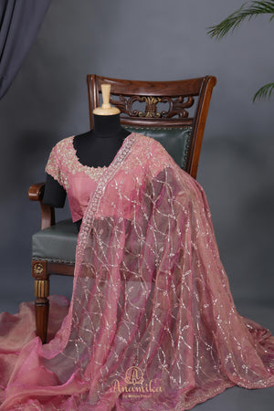 Blush pink cocktail saree with sequins work