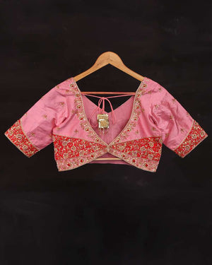 Lovely peach pink blouse with red patch work embroidery