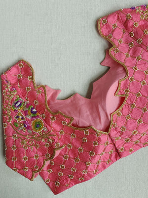 Peach Pink Banarasi saree with beautiful floral meena border