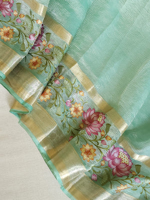 Sea Green Crush Tissue saree with a beautiful floral embroidered border