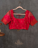 Pure silk blouse in tomato red with patola silk sleeves