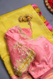 A dreamy kanjeevaram saree in a pastel lime shade