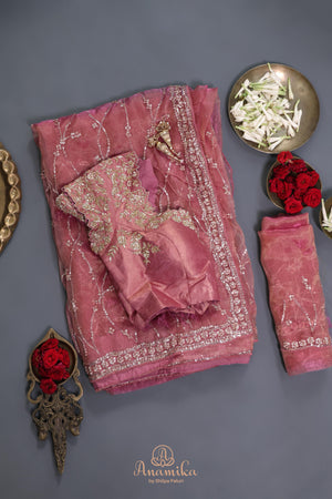Blush pink cocktail saree with sequins work