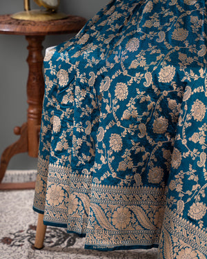 Dark Blue Banarasi Silk Saree with contrast maroon red blouse