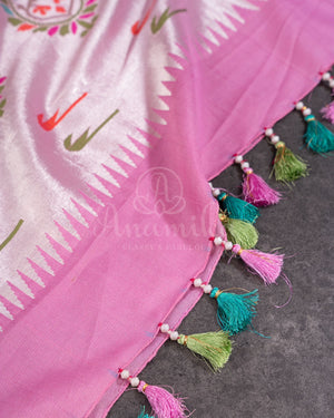 Baby Pink Tusser georgette saree with all over paithani weave
