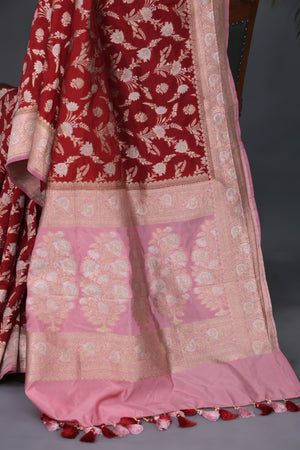 Rich Red and Blush Banarasi Silk Saree