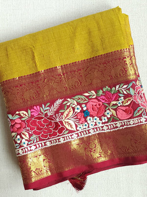 Mustard kanjeevaram saree in mustard with thread work border
