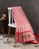 Pink Banarasi kora with a beautiful contrast red meenakari floral border