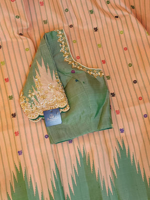 Gadwal saree in peach with beautiful contrast green temple borders